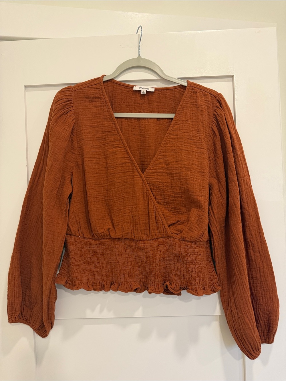 Madewell Burnt Orange Wrap Peplum Long-Sleeve Top